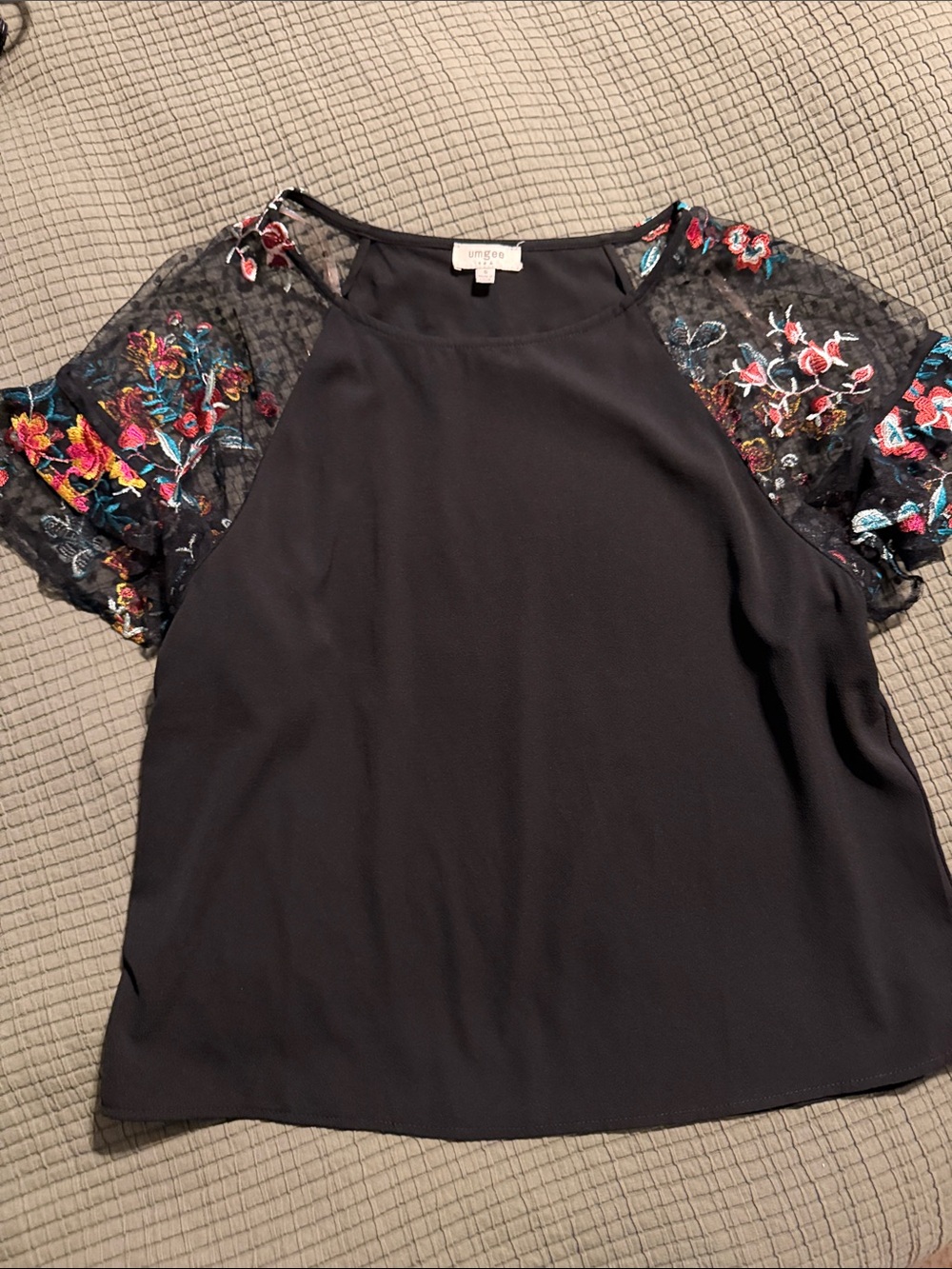Umgee Black Top with Multicolor Floral Embroidered Mesh Sleeves